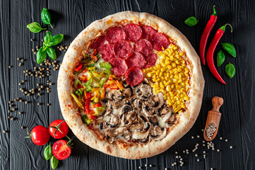 Tasty fresh pizza with four different pieces in one on wooden background. Top view of big pizza