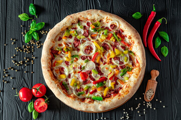 Tasty and big pizza with different types of meat