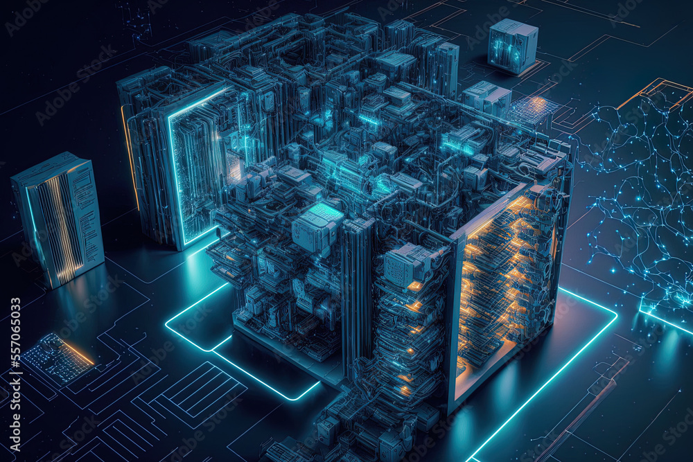 Poster blockchain engineering. modern mining farm. cyberspace is an abstract idea. monetary technology an e