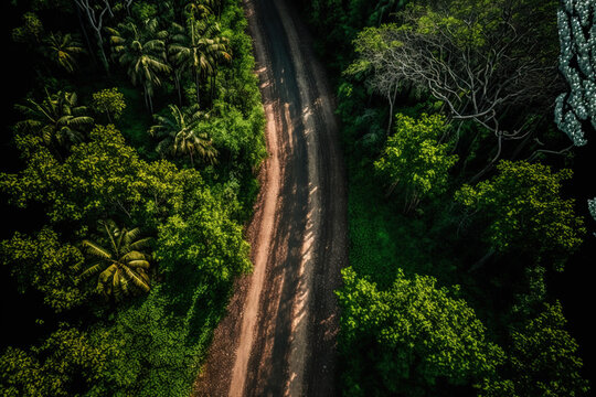 rural road in the forest, aerial top view, mud or dirt road, rain forest aerial picture of a road in a natural setting with a thriving ecosystem. Generative AI