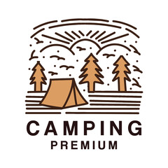 Premium Monoline Camping Logo Design Vintage Emblem Vector illustration Recreation Badge Symbol Icon