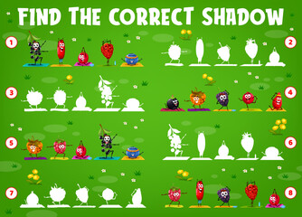 Find the correct shadow cartoon berry characters on yoga fitness. Kids matching game vector worksheet with birds cherry, cloudberry, barberry and cranberry. Raspberry, blueberry, strawberry and grape
