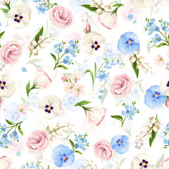 Seamless floral pattern with pink, blue, and white lisianthus flowers, pansy flowers, lily of the valley, and forget-me-not flowers on a white background. Vector illustration