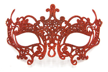 Shiny red masquerade mask isolated on white background.
