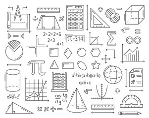 Mathematics icons. Geometry cube, cone and sphere figures, algebra formulas, infographics graphs and protractor, ruler, compass mathematics tools outline vector symbols or school educations icons set - obrazy, fototapety, plakaty
