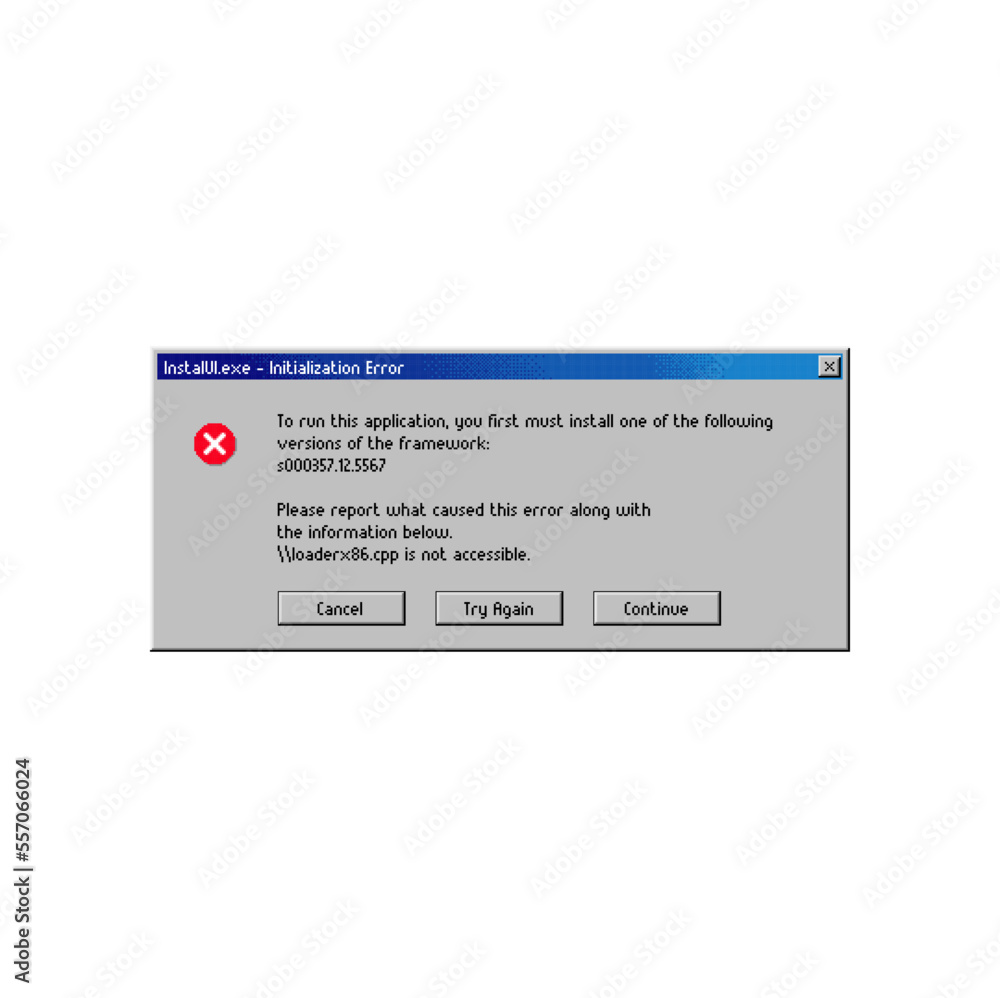 Aufkleber Error message window, application installation, vector PC popup notification. Install run and initialization error message window for computer framework with buttons to Cancel, Continue and Try Again