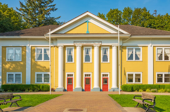 Fort Langley, Canada - Fort Langley Community Hall in a sunny summer day. Travel photo, street view