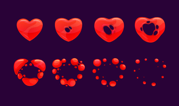 Heart explosion sprite, vector animation sequence frame with red cartoon heart disappear in air. Love spell, boom comic book effect, ui or gui storyboard motion and diffusion vfx effect