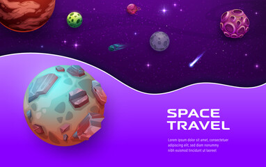 Paper cut 3d space landing page. Space landscape with planets, stars and asteroids. Cartoon vector web banner with alien galaxy. Universe with planets and stars, fantastic game, astronomy exploration