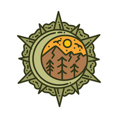 Premium Monoline View Mountain vintage Logo Design Emblem Vector illustration Adventure badge symbol icon