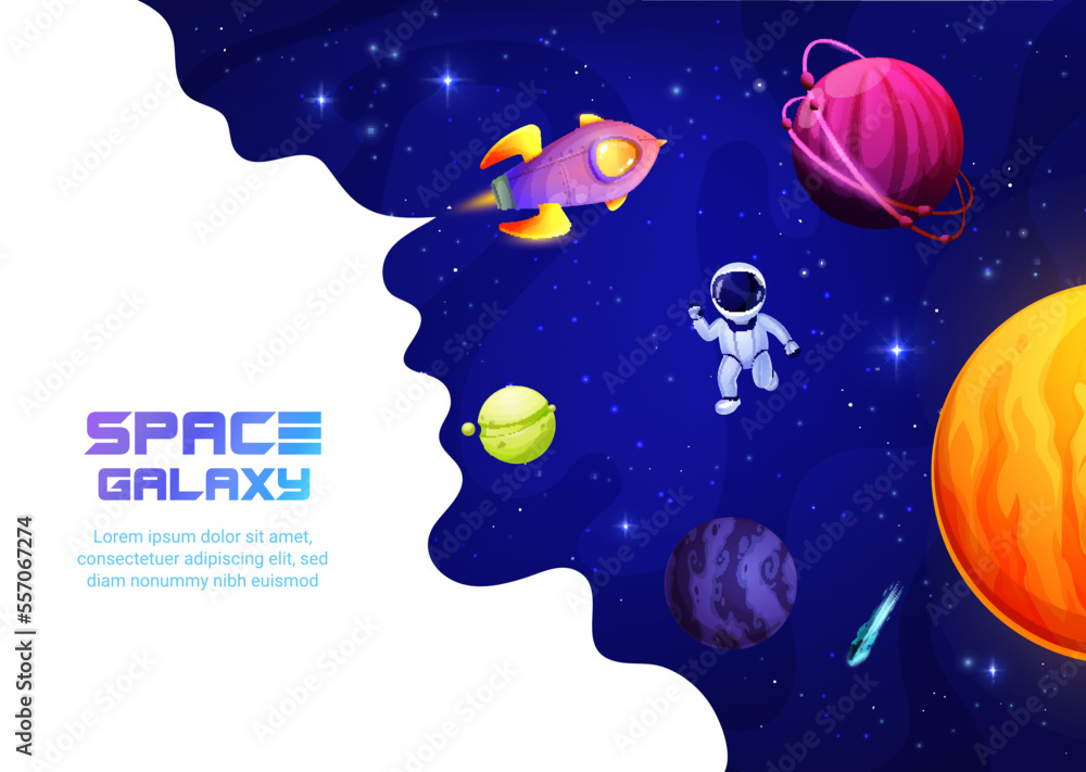Poster Space landing page. Astronaut and rocket spaceship in outer space. Startup launch banner or background, business project web page vector template, company website layout with fantasy planets, starship