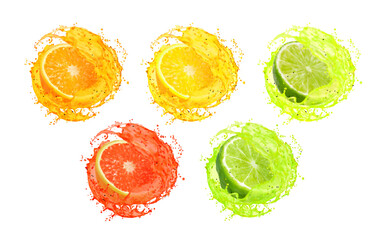Lemon, orange, lime, grapefruit and bergamot juice with splash. Citrus fruit slices with liquid swirls. Realistic 3d vector juice vitamin drink splash whirl with droplets. Isolated beverage and fruits - obrazy, fototapety, plakaty