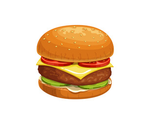 Cartoon cheeseburger. Street cafe fast food meal, isolated hamburger with tomatoes, cheese, meat and cucumbers, restaurant takeaway burger or sandwich, vector junk food cheeseburger