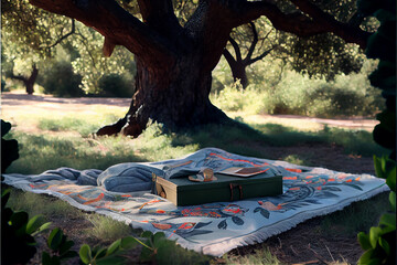 picnic blanket under an oak tree suggesting summer and siesta - obrazy, fototapety, plakaty