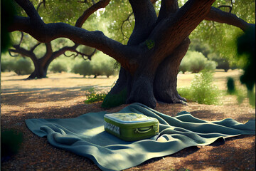 picnic blanket under an oak tree suggesting summer and siesta - obrazy, fototapety, plakaty