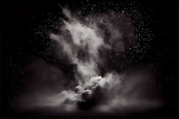 Dust explosion on black surface, ideal for overlays and backgrounds, generative ia