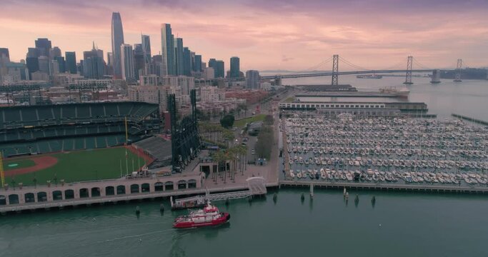 Aerial Drone Of The San Francisco City Skyline, Marina & Oracle Park