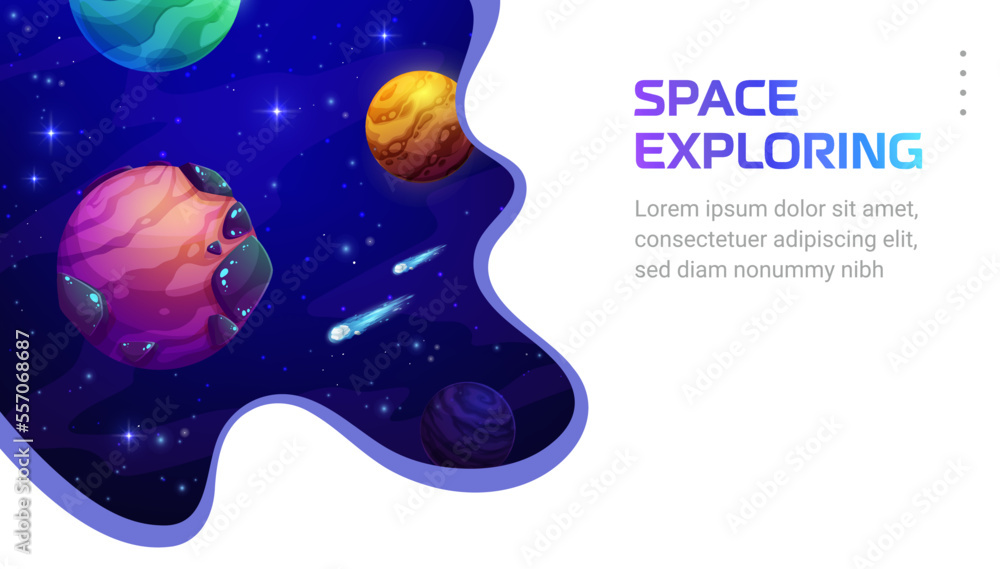 Poster space landing page, galaxy exploring paper cut space landscape. cartoon vector web banner in 3d pape