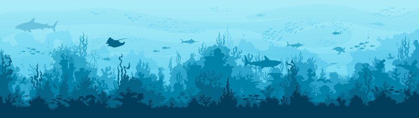 Underwater landscape. Seaweed and reef, fish shoal, whale and manta, turtle or marlin silhouettes in n ocean. Vector background with sea vegetation and animals. Water life, Aquatic marine biodiversity