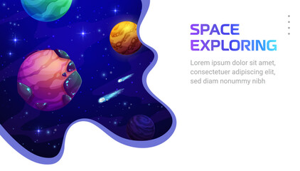 Naklejka premium Space landing page, galaxy exploring paper cut space landscape. Cartoon vector web banner in 3d paper cut with planets, stars and asteroids. Universe and galaxy travel game, astronomy science