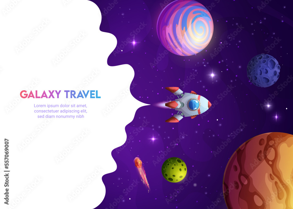 Poster space landing page space rocket in galaxy. vector background with spaceship travel in universe. shut