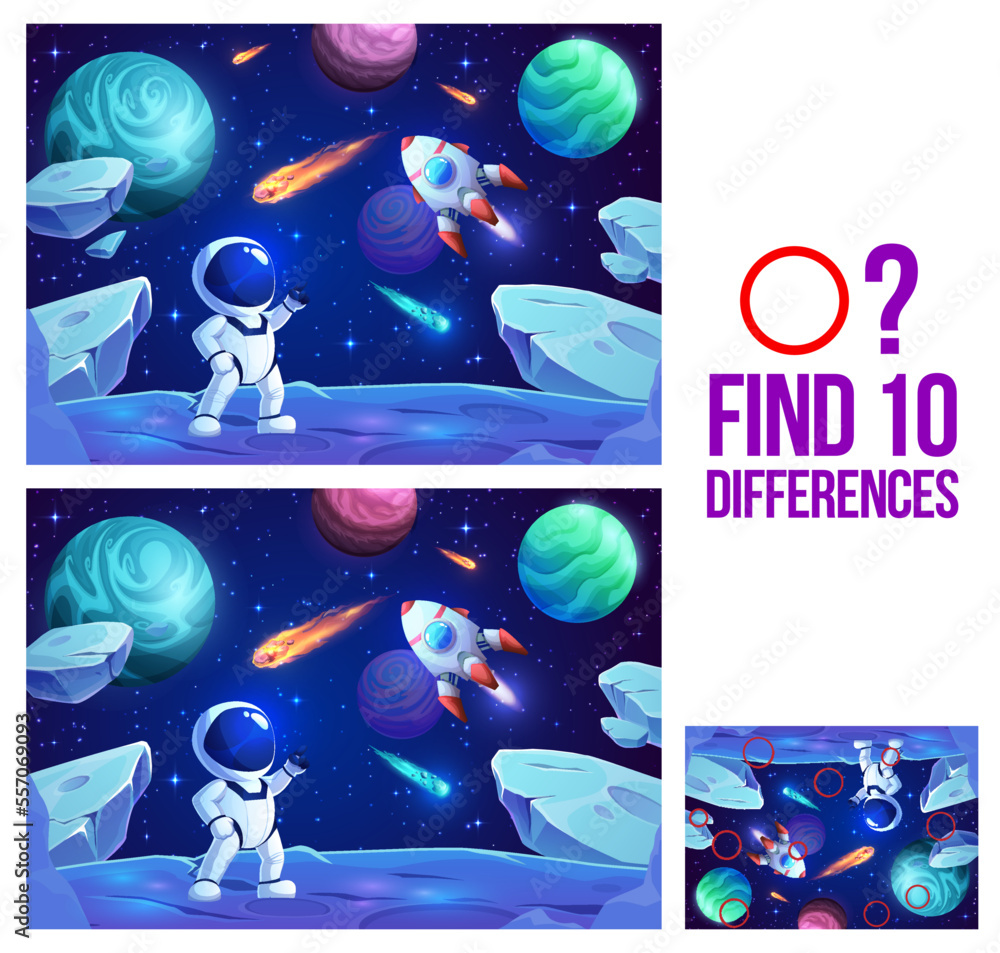 Poster find ten differences. cartoon astronaut on planet surface. objects comparing game, matching vector q