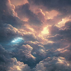 clouds in the sky with sunbeams and gold and blue accents, AI generated