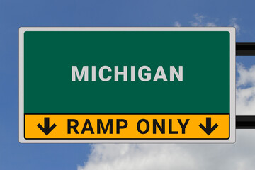 Michigan logo.  Michigan lettering on a road sign. Signpost at entrance to  Michigan, USA. Green pointer in American style. Road sign in the United States of America. Sky in background