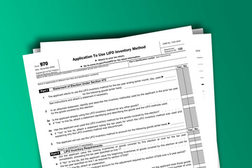 Obraz premium Form 970 documentation published IRS USA 43933. American tax document on colored