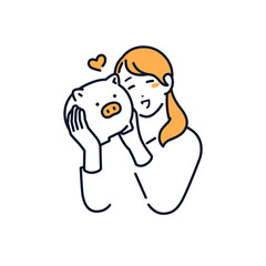 笑顔でブタの貯金箱を持つ若い女性のシンプルなベクターイラスト素材