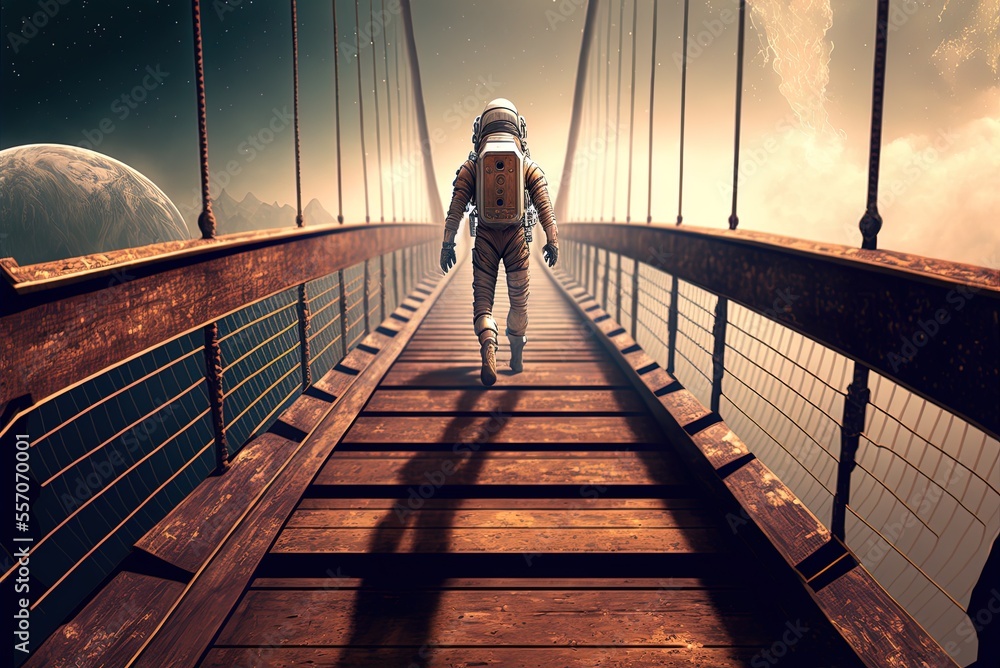 Poster astronaut sprints along the infinite plank bridge generative ai