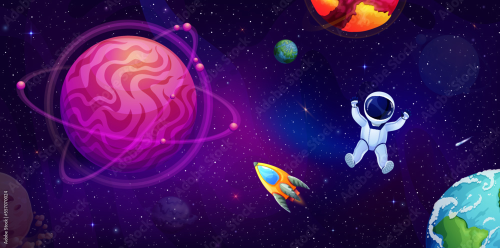 Poster Cartoon astronaut in outer space in starry galaxy. Vector illustration with funny kid cosmonaut float in weightlessness on alien planet orbit with spaceship rocket, asteroids and shining stars