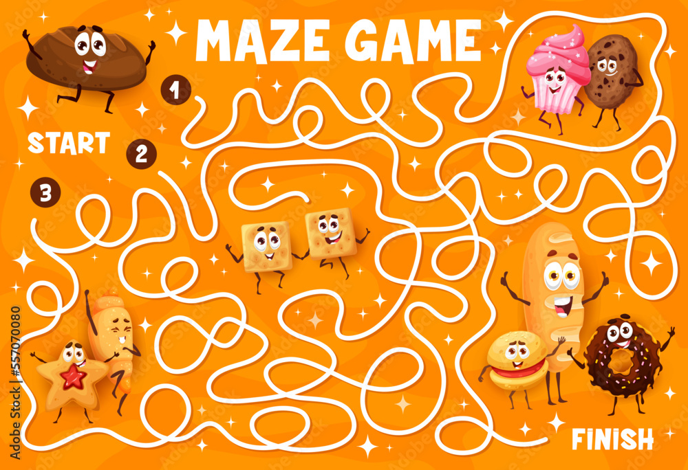 Poster cookies, desserts and bakery characters in labyrinth maze, vector worksheet. labyrinth game to find 