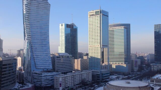 Winter aerial footage of the skyscrapers in Warsaw in sunlight, 4k