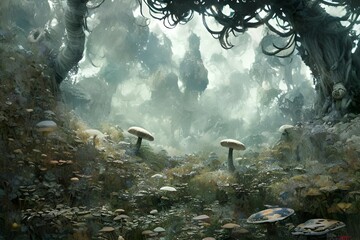 Surrealism Mushroom Paintings for background, website, phone case, printable, canvas