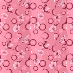 Seamless floral pattern with abstract pattern of circles and flowers in pink.