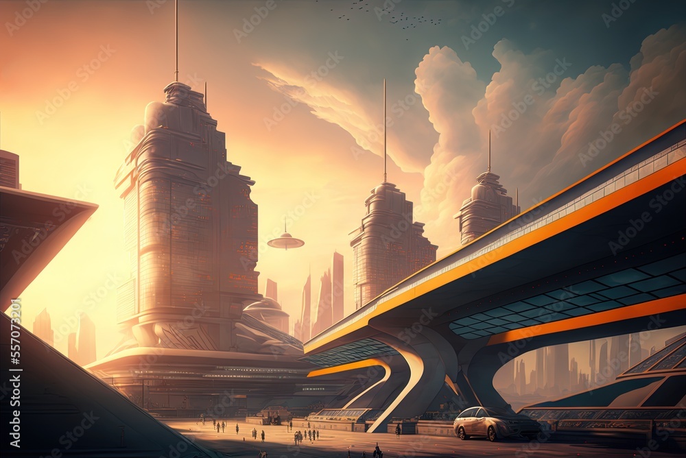Poster a futuristic-looking visual depiction of a massive transportation hub located near to a metropolis. 