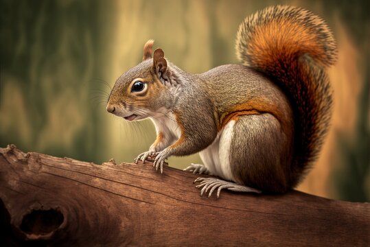image of a squirrel perched on a plank of wood Generative AI