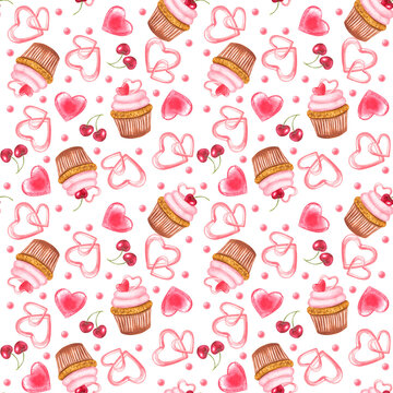 Seamless pattern for Valentine's Day or wedding. Pink set of elements: cake, heart, cherry, balloon. Hand-drawn watercolor illustration. Poster, card