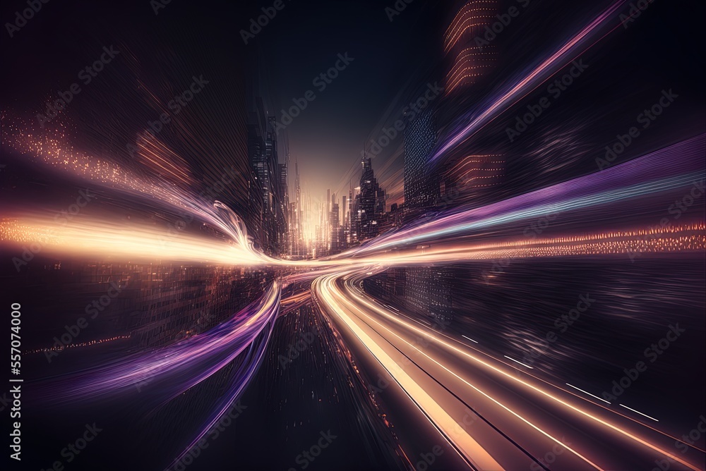 Poster illustration showing hyperloop speed warp with smeared lights from a megacity at night. generative a