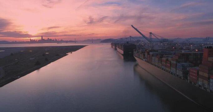 Aerial: Container Ship Port And San Francisco City Skyline, California, USA
