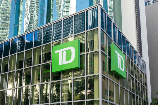 Miami, FL, USA - January 2, 2022: Close up of TD bank sign on the building. TD (Toronto–Dominion Bank) is a Canadian multinational banking and financial services corporation.