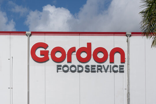 Miami, Fl, USA - January 2, 2022: Close up of Gordon Food Service sign on the building. Gordon Food Service is an American foodservice distributor.