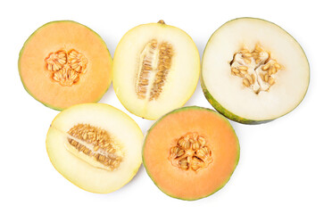 Tasty colorful ripe melons on white background, top view