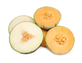 Tasty colorful ripe melons on white background