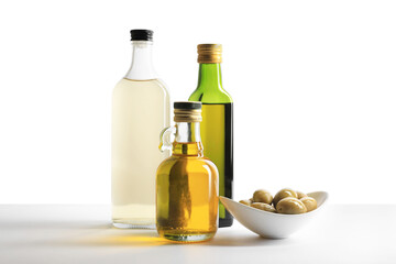 Bottles of different cooking oils and olives on white background