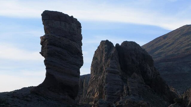 Scenic landscape with volcanic rock formations at Teide National Park in Tenerife at Canary Islands of Spain, volcanic nature, sunny day, medium shot