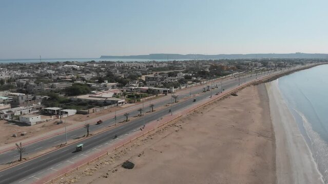 Aerial shot of street near the beach in gawadar Baluchistan