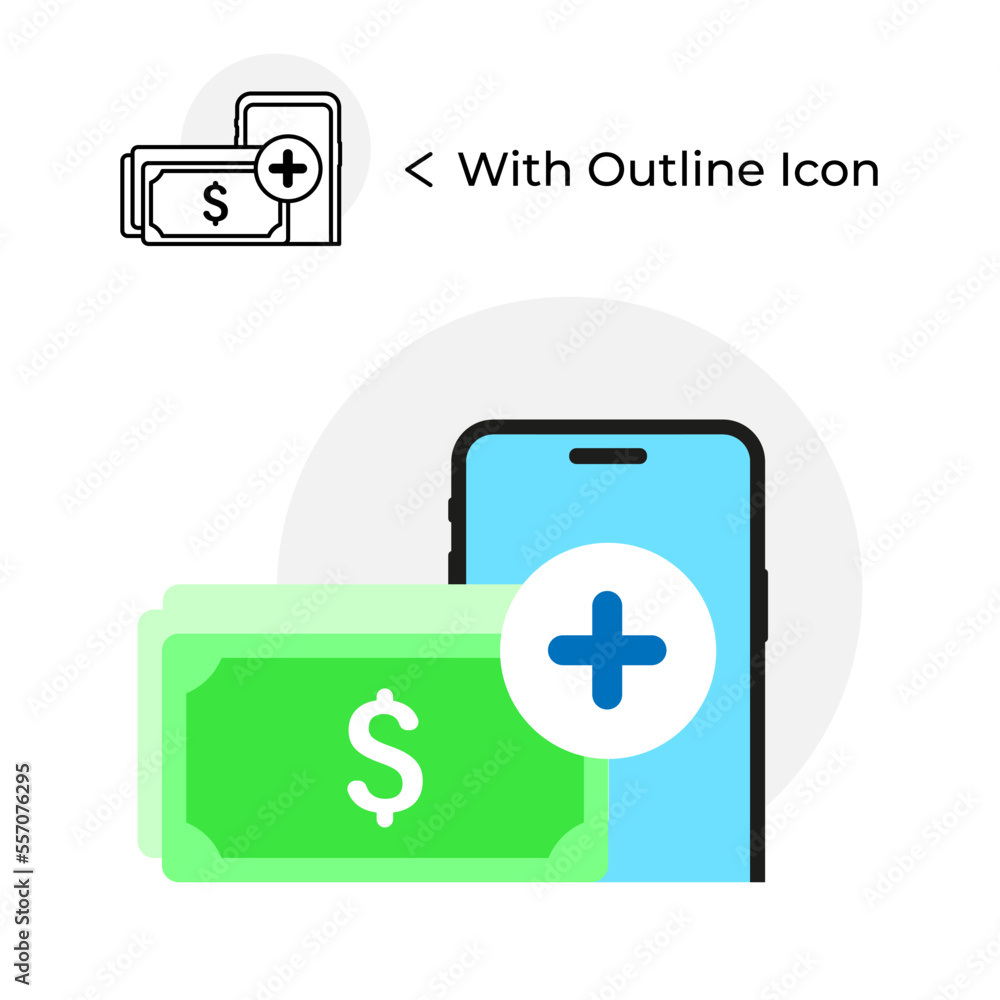 Poster money top up button on mobile app concept illustration flat design vector eps10. graphic element for