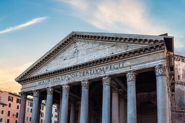 Pantheon, Historic Catholic church in Rome, Italy. Colorful Sunset Sky Art Render.